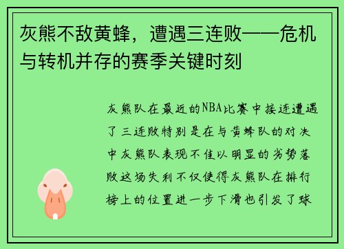 灰熊不敌黄蜂，遭遇三连败——危机与转机并存的赛季关键时刻